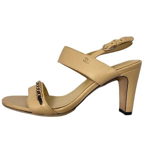 Chanel CC Logo Chain Detail Nude Leather Double Strap Slingback Heels Sandals - Picture 4 of 9